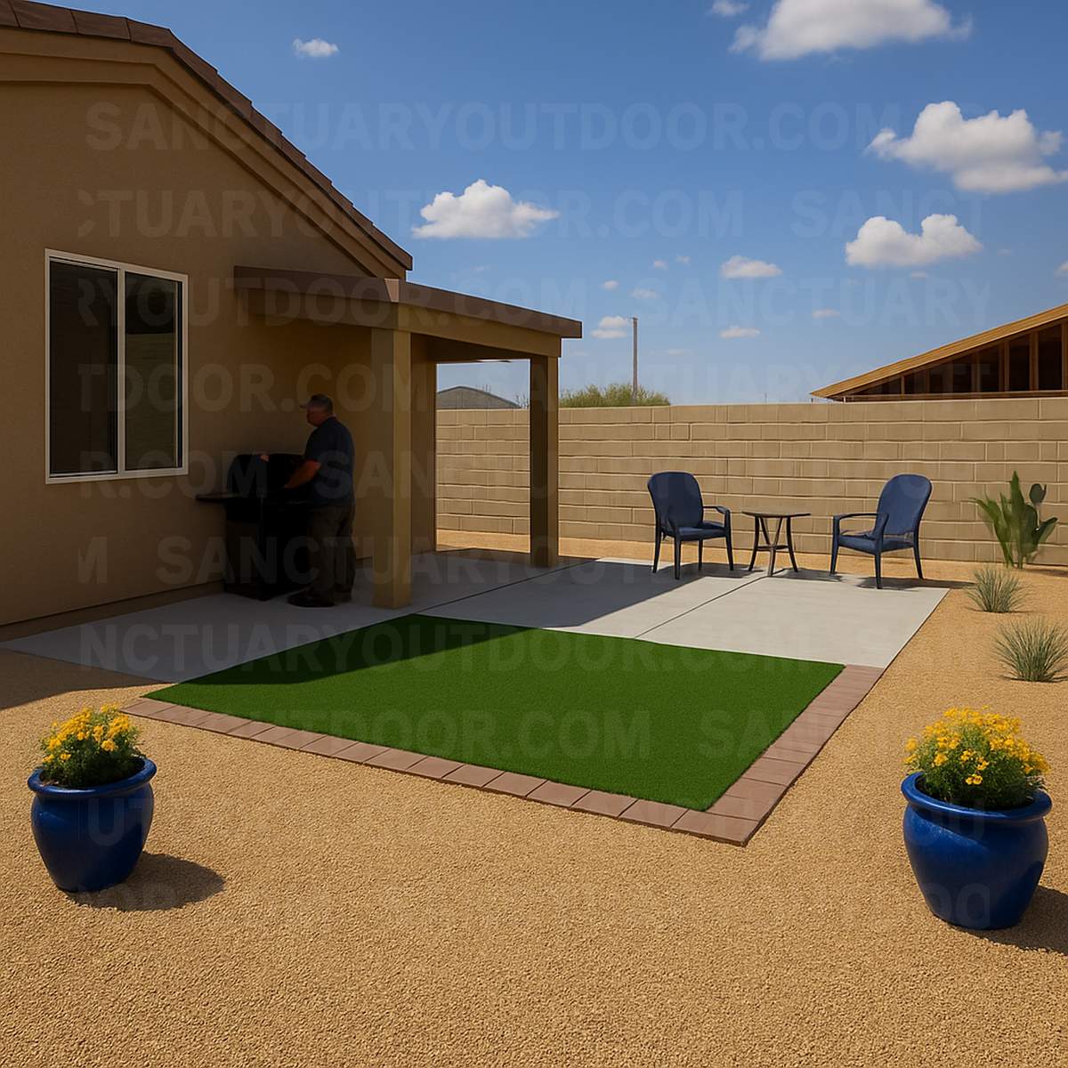 Golden Valley outdoor living space with pergola and desert landscaping