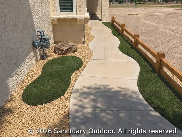Render of side walkway with curving concrete, decorative rock, turf, boulders, timber border