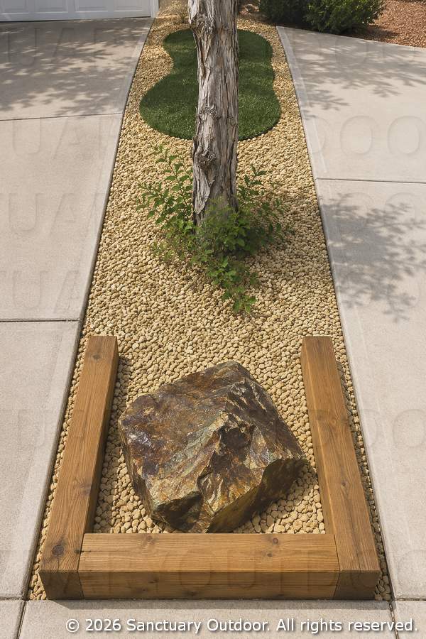Render of driveway border with ash tree, timber border, turf, decorative rock
