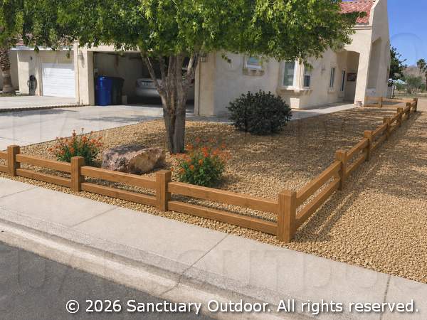 Render of front yard with timber border, masonry flower box, decorative rock, ash trees, red bird of paradise