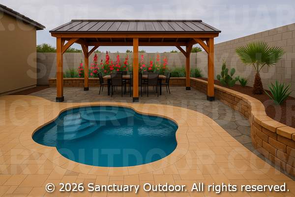 Pergola over flagstone with mesa wall