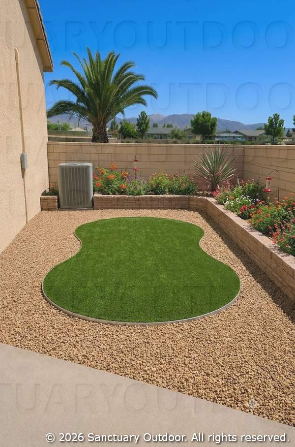 Render of back yard with decorative rock, turf, masonry planter, bird attracting natural plants